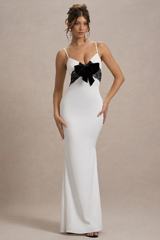 Big Discounts Rumi | White Satin Strappy Maxi Dress With Velvet Bow Lightweight Fabric