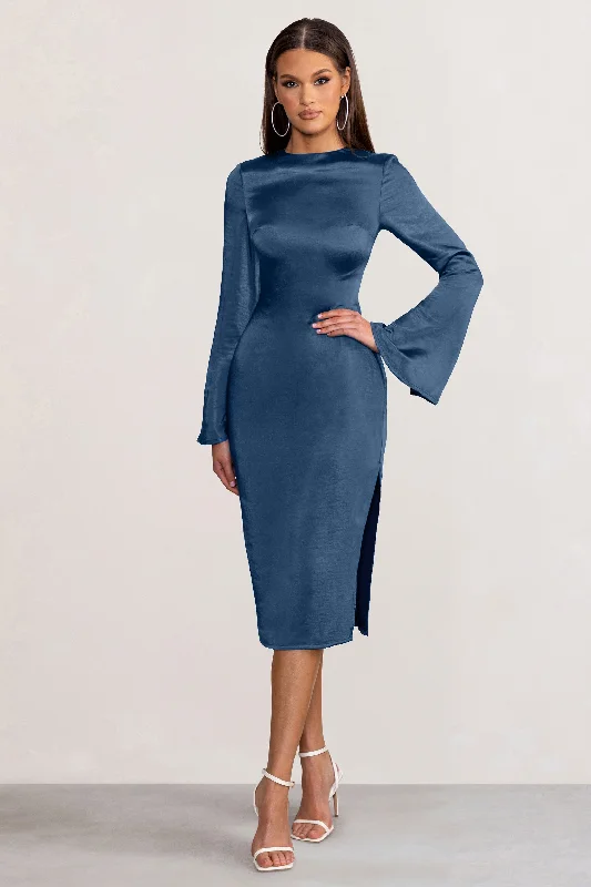 Relaxed Style Deals Laura | Navy Satin Long-Sleeve Midi Dress Feminine Soft - Hued Look