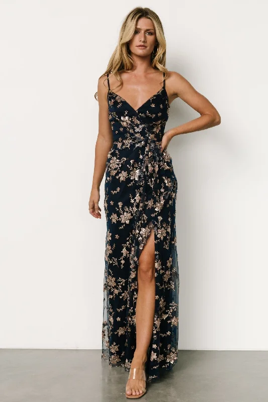 Chic & Cozy Collection Marcia Sparkle Gown | Navy + Rose Gold Disco - Inspired Retro Dance Look