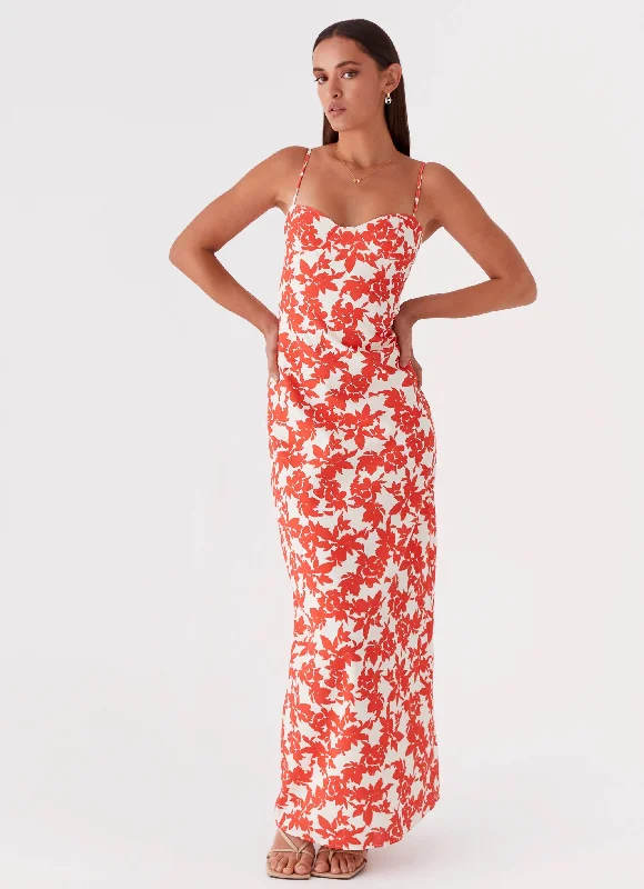 Final Sale Forbidden Floral Bustier Maxi Dress - Red Floral Anniversary Sale