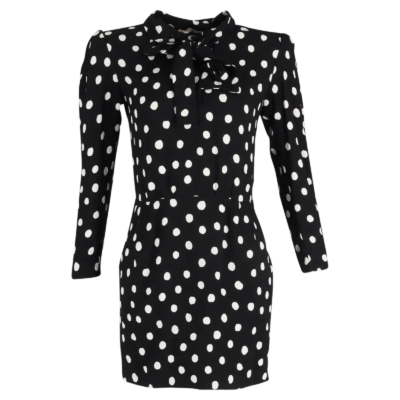 Durable Fashion Picks Saint Laurent Polka Dot Printed Mini Bow-Tie Long Sleeve Dress in Black Viscose Minimalist Office - Ready Style