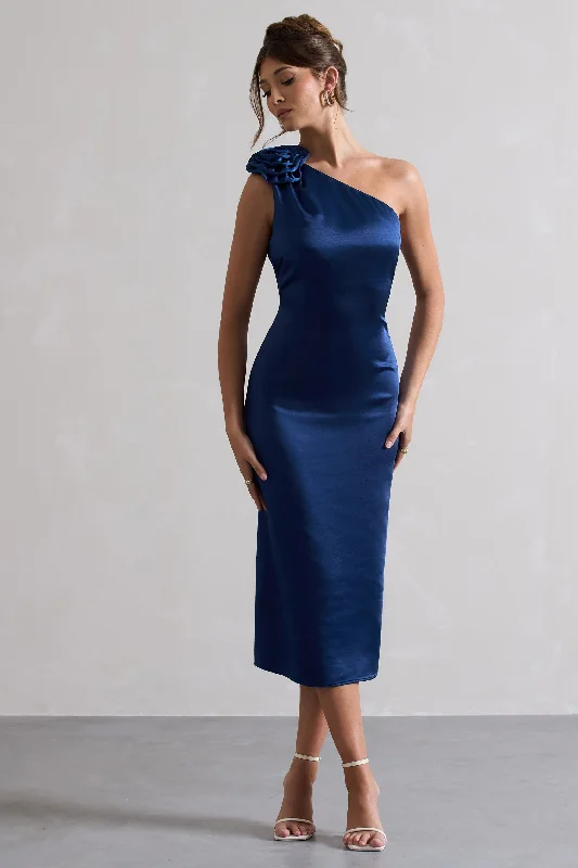 Final Sale Ascot | Navy Satin One Shoulder Midi Dress With Corsage Romantic Detailing