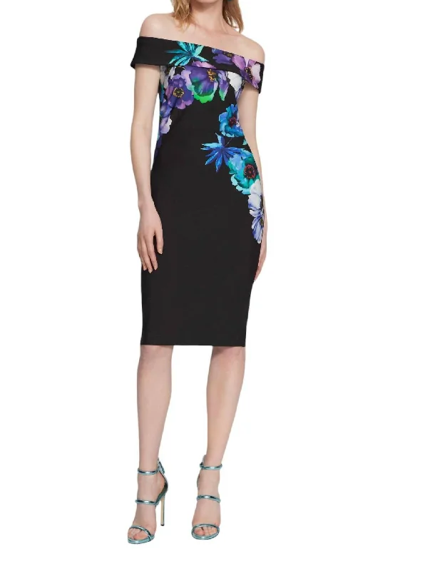 Get The Latest Trends Off-Shoulder Floral Bodycon Dress In Black/multi Save on Classic Elegant Styles