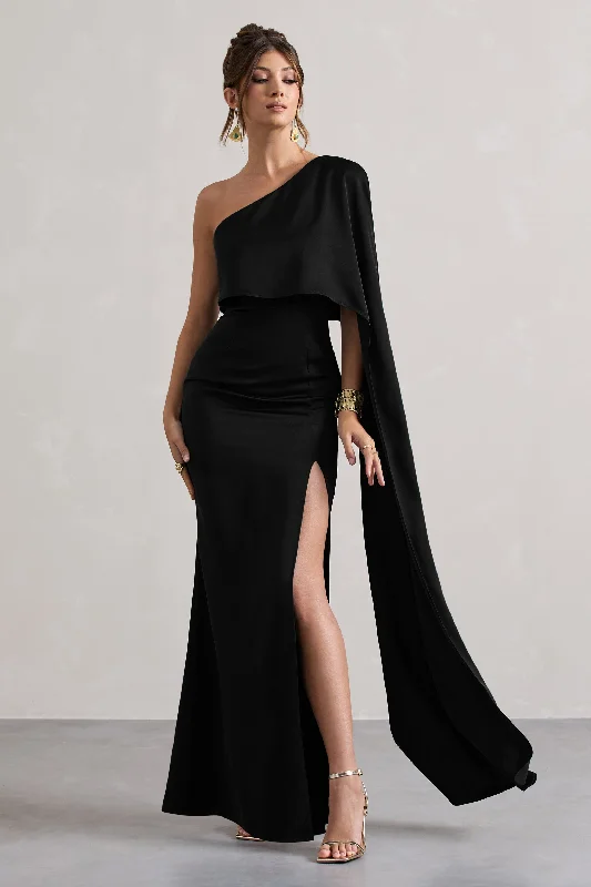 Fashion Sale Amora | Black Satin Asymmetric Cape-Sleeve Split Maxi Dress Soft Textures