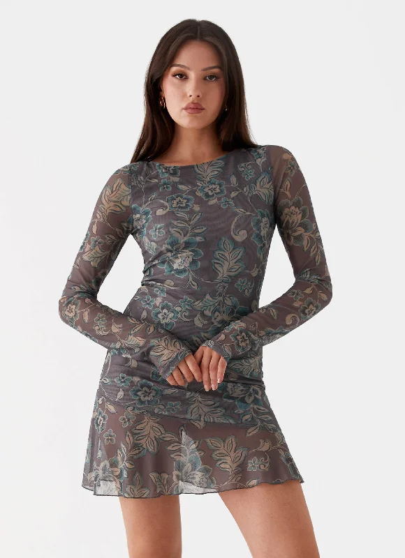 Shop Sales Ines Long Sleeve Mini Dress - Brown Floral Score Big on Glamorous Red - Carpet Styles