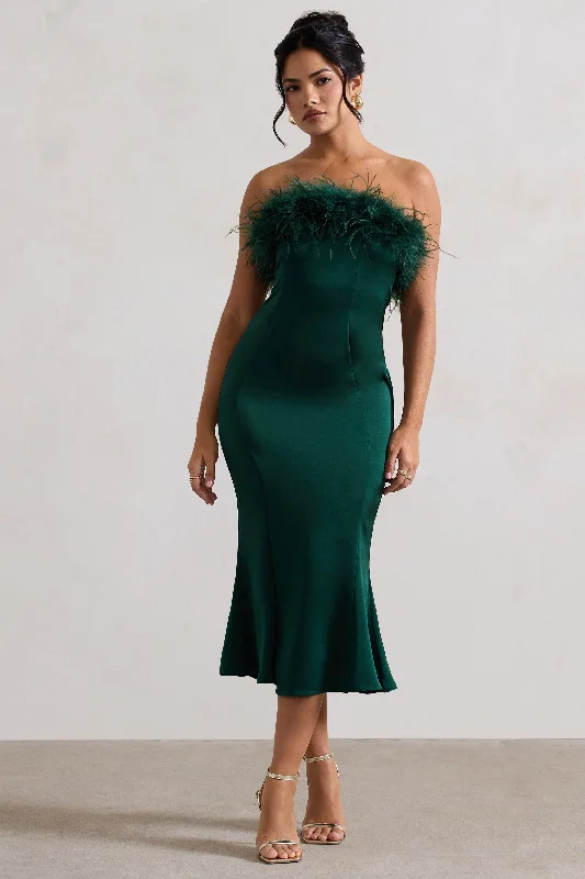 Premium Style One And Only | Bottle Green Satin Feather Trim Midi Dress Big Savings on Rustic Countryside Styles