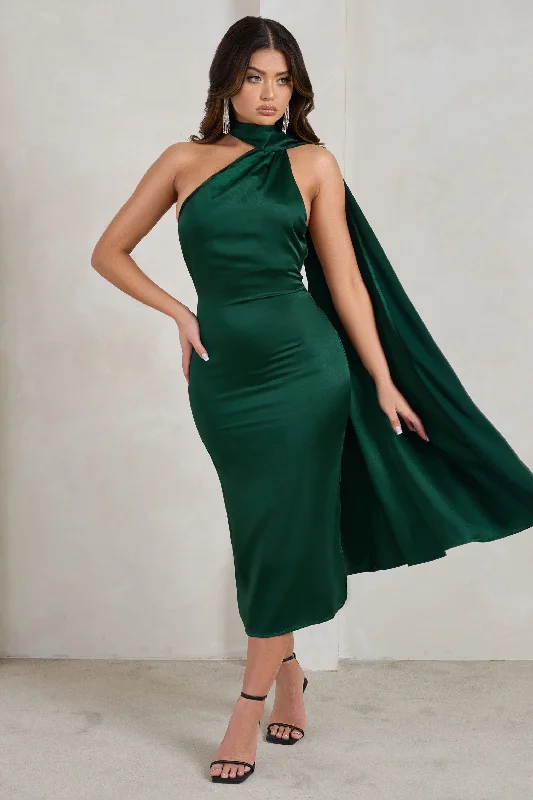 Minimalist Fashion Sale Madame | Bottle Green Satin Asymmetric Scarf Neck Backless Midi Dress Charming Silhouette