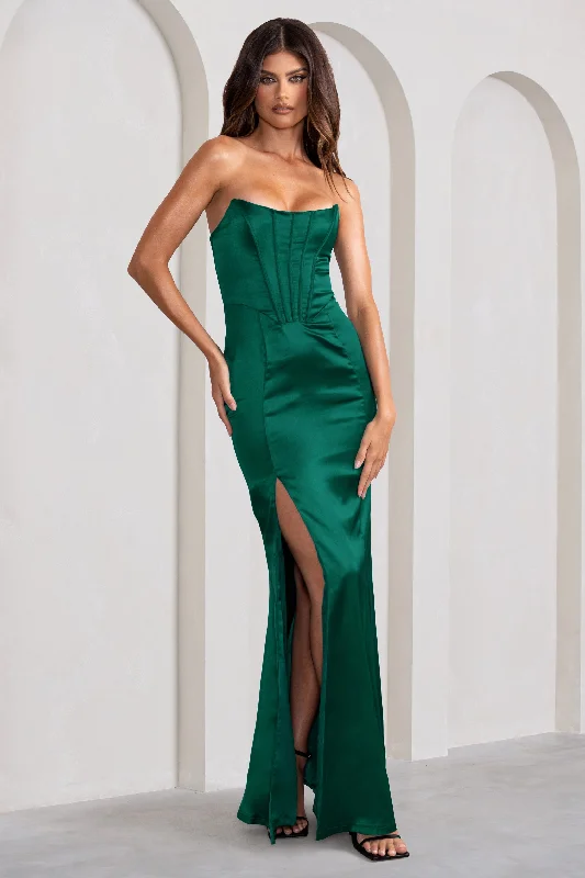 The Good Stuff Sensual Notes | Bottle Green Satin Strapless Corset Thigh Split Fishtail Maxi Dress Huge Savings on Parisian Styles