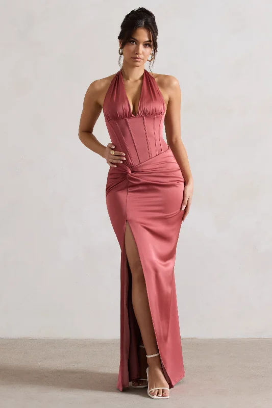 Additional Time-Limited Offers Sacha | Rose Pink Satin Corset Style Maxi Dress With Wrap Skirt Grab Romantic Date - Night Styles Now