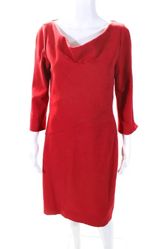 Contemporary Fashion Sale Oscar de la Renta Womens Long Sleeved Boat Neck Knee Length Dress Red Dreamy Draping