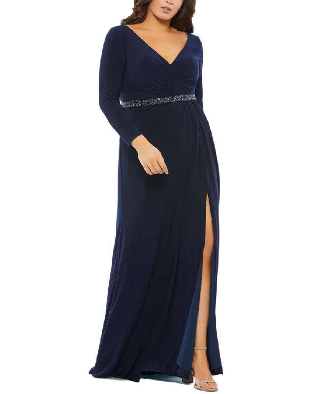 Edgy Fashion Deals Mac Duggal Plus Beaded Belt Jersey Faux Wrap multicolor Gown Coastal Beach - Inspired Style