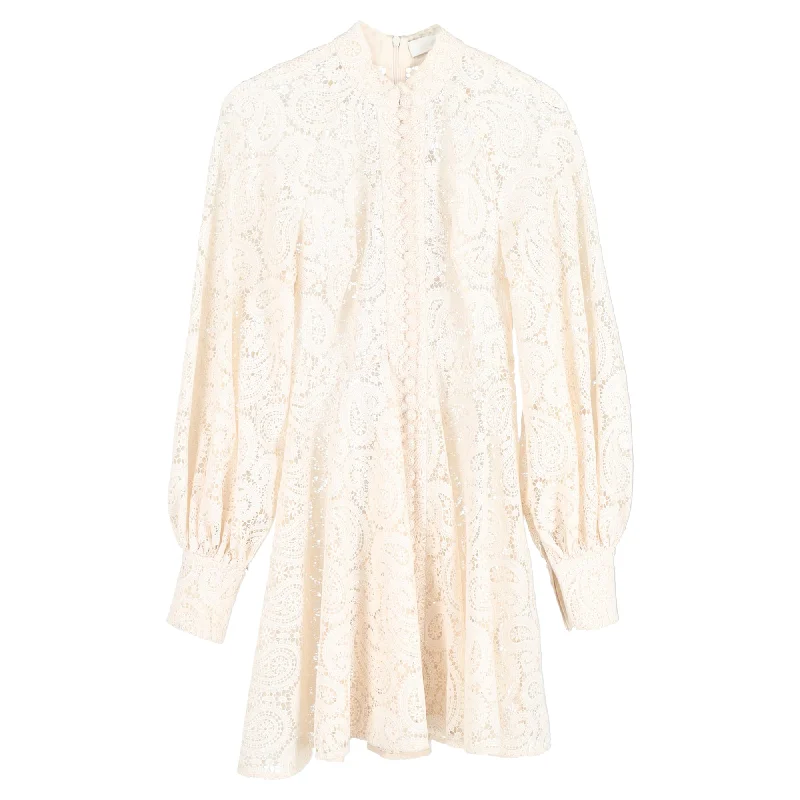 Luxe Style Discounts Zimmermann Lace Mini Button-Down Long Sleeve Dress in Cream Polyester Mother's Day Special