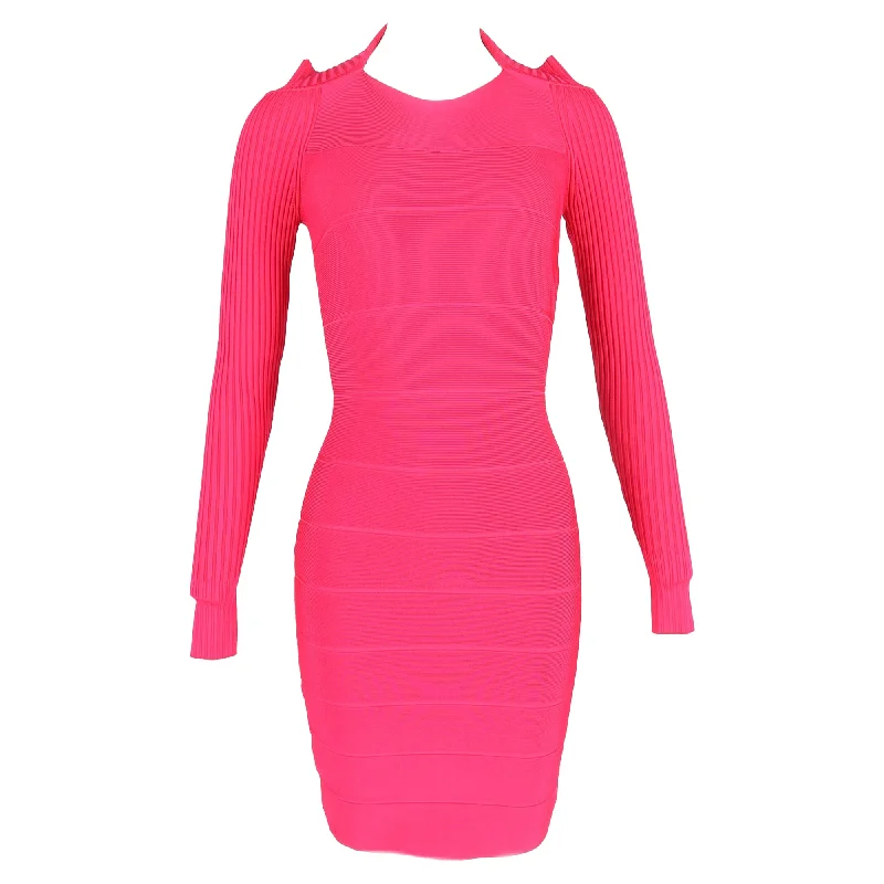 Limited Edition Herve Leger Bandage Knee-Length Long Sleeve Dress in Pink Rayon Disco - Inspired Retro Dance Look