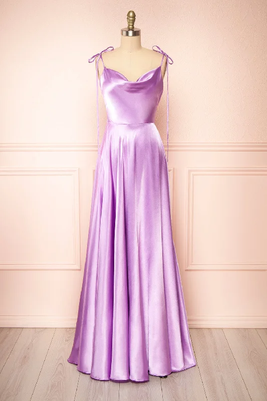 Sophisticated Street Style Offers Moira Lavender | Cowl Neck Satin Maxi Dress w/ High Slit Luxury Comfort