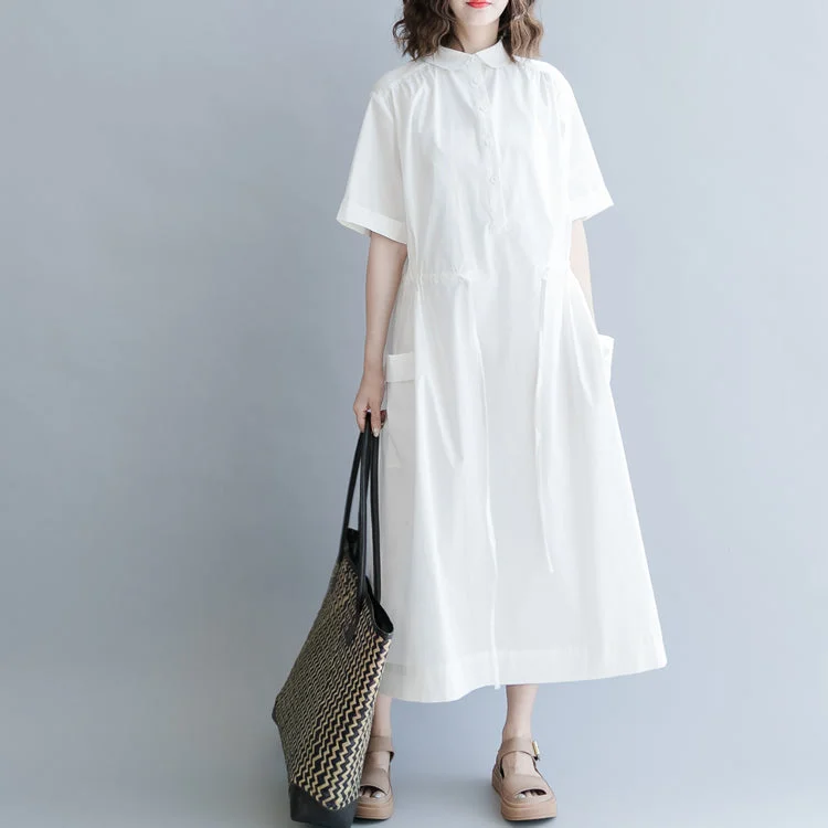 Flash Sale, Don'T Miss baggy white cotton blended dress oversize casual dress vintage short sleeve pockets Turn-down Collar baggy dresses cotton blended clothing dresses Contemporary Elegance