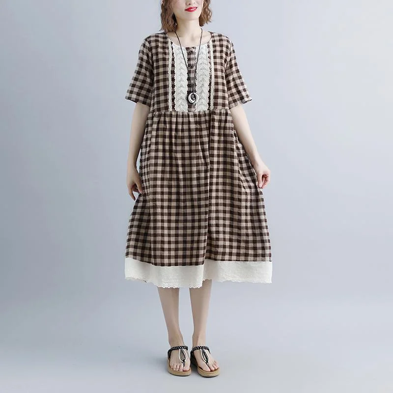 Clearance Sale, All Cheap women summer dresses casual Lacing Short Sleeve Plaid Pockets Retro Casual Dress Subtle Sophistication