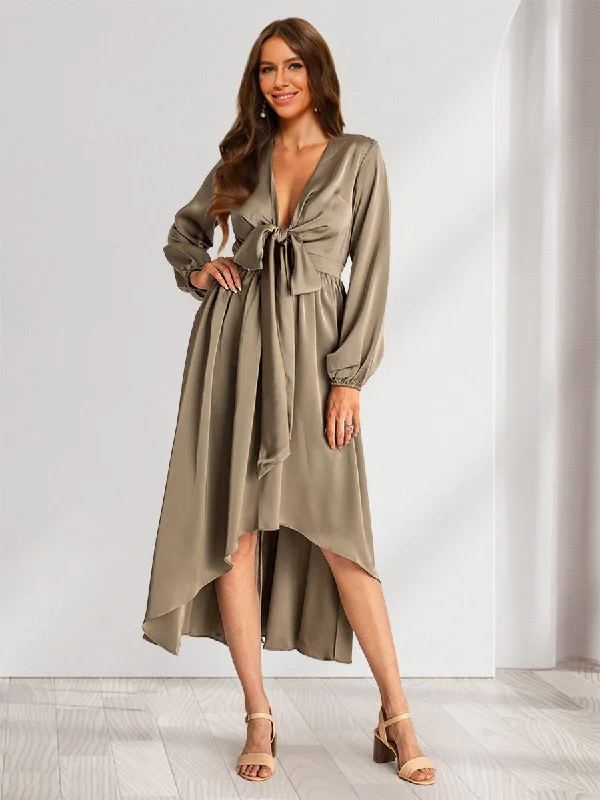 Trend Leading Collection A-Line/Princess Plunging V-Neck Long Sleeves Wrap Bridesmaid Dresses Playful Elegance