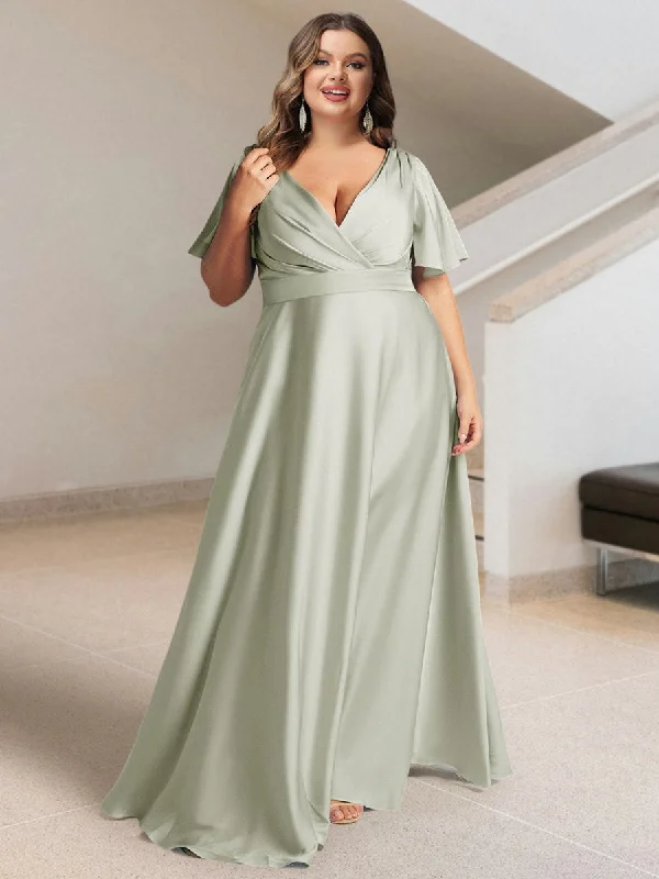 Stay Ahead In Style A-Line/Princess V-Neck Short Sleeves Silk Satin Plus Size Bridesmaid Dresses with Pockets Feminine Charm