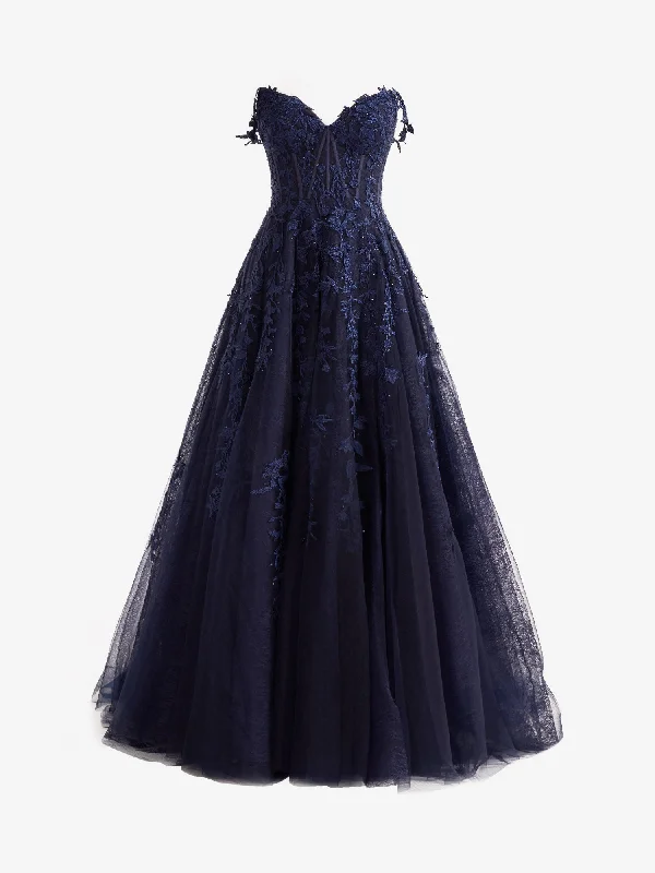 Trendy Pulse Roycebridal Mariana |Navy Blue A-line Sweetheart Lace Tulle Prom Dress with Slit Rustic Countryside Charm Look