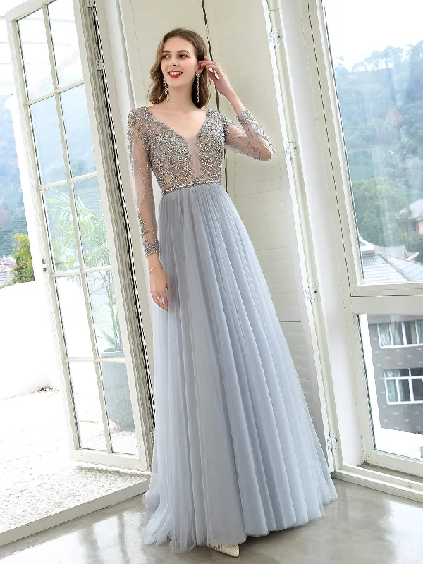 Season Offer Roycebridal A-Line Tulle Beaded Luxurious Sexy Formal Evening Dresses Long Sleeves Floor Length Luxe Layering