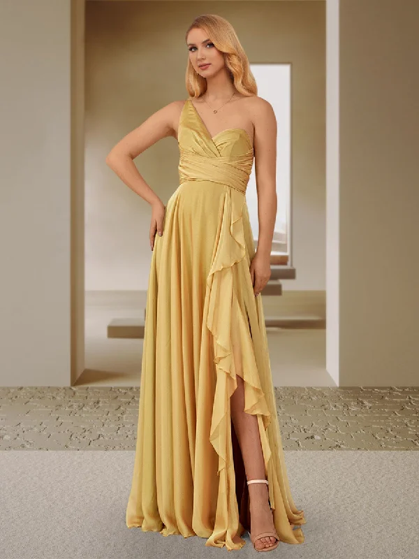 Big Savings A-Line/Princess One-Shoulder Sleeveless Ruched Bridesmaid Dresses with Side Slit & Ruffles Limited - Edition Drops