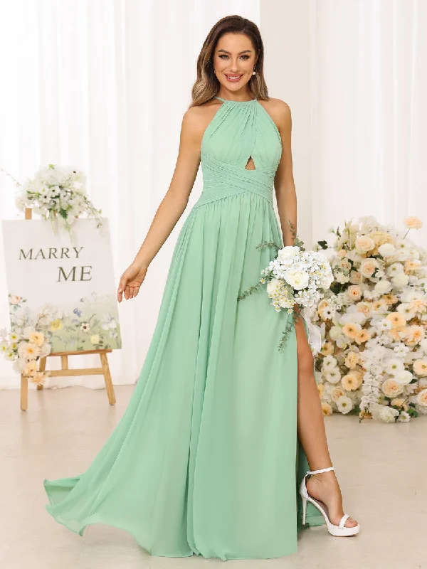 Flash Sale Now A Line/Princess Halter Long Bridesmaid Dresses with Split Side Casual Weekend Relaxed Style