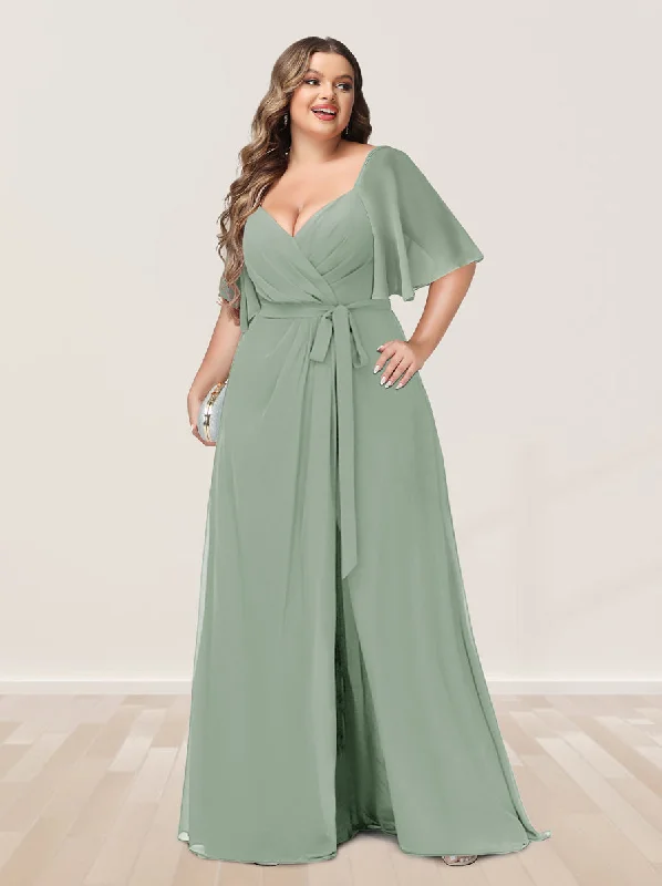 Fashion Frontiers A-Line/Princess V-Neck Half Sleeves Plus Size Bridesmaid Dresses with Split Side Luxury Comfort