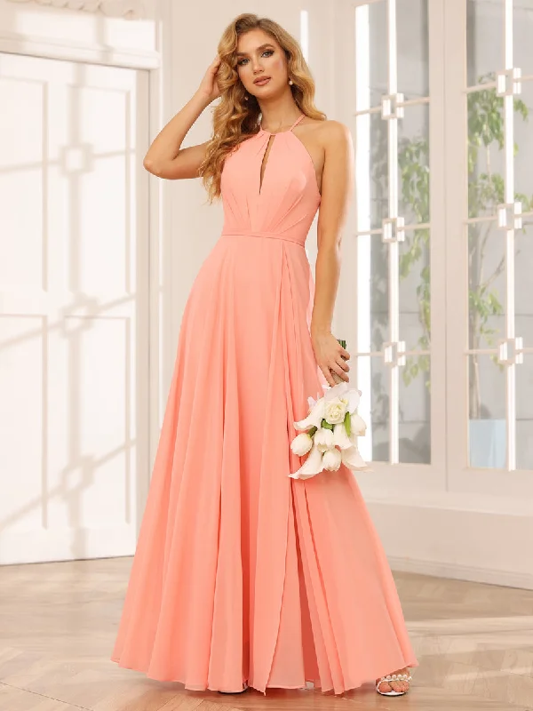 Fast Fashion Favorites A-Line/Princess Halter Long Bridesmaid Dresses with Split Side Feminine Charm