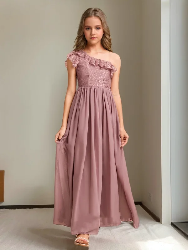 Affordable Trendy Fashion A-Line/Princess One-Shoulder Asymmetrical Lace Junior Bridesmaid Dresses Seasonal Trend