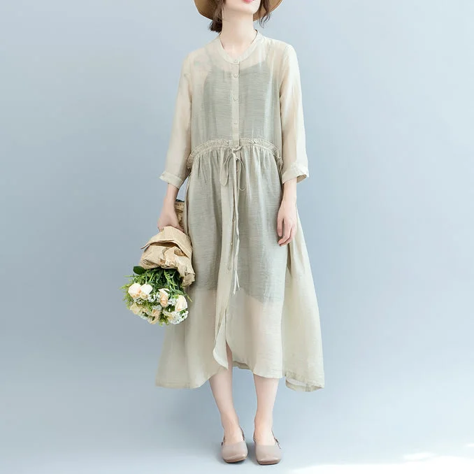 Limited Stock, Big Sale baggy off white Midi linen silk blended dresses Loose fitting casual dress fine tie waist long sleeve o neck baggy dresses Chic Allure