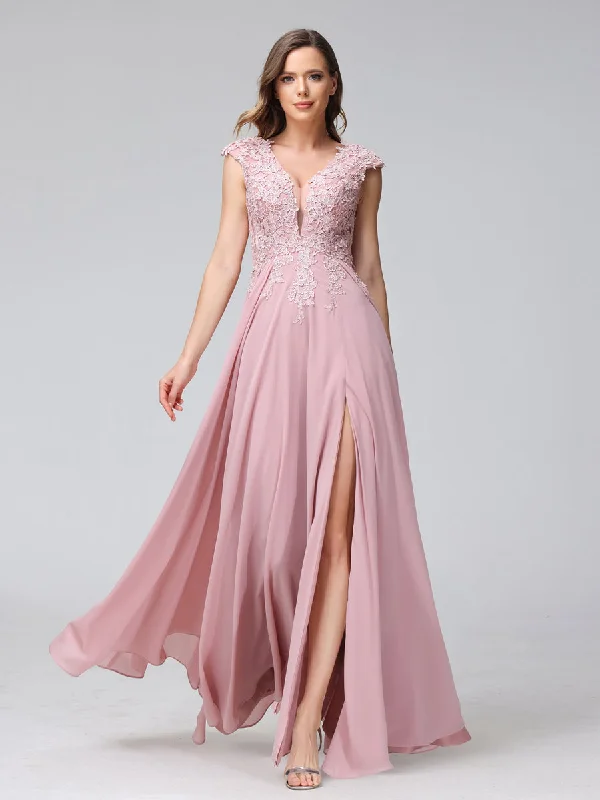 Seasonal Picks A-Line V-Neck Sleeveless Chiffon Long Bridesmaid Dresses With Applique Split Side Feminine Soft - Hued Look