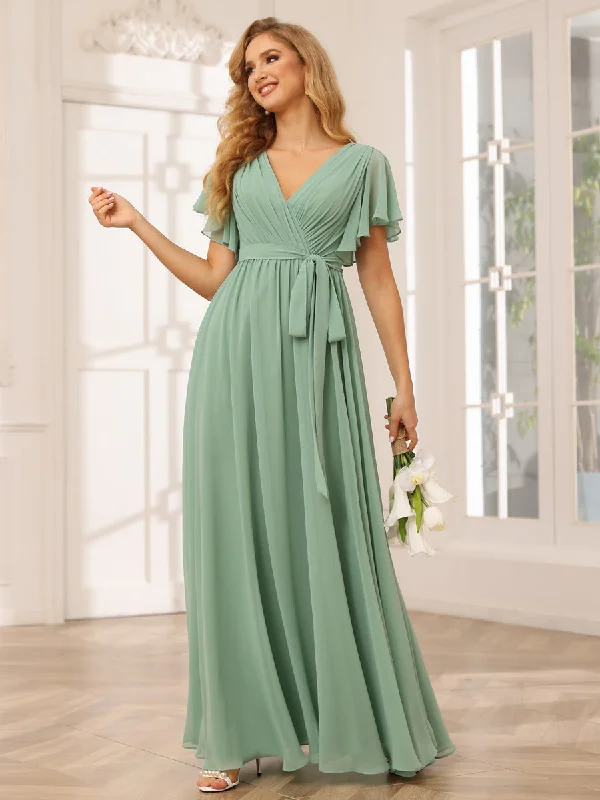 Exclusive Deals Online A-Line/Princess V-Neck Short Sleeves Long Bridesmaid Dresses with Sash Beat the Heat in Tropical Styles