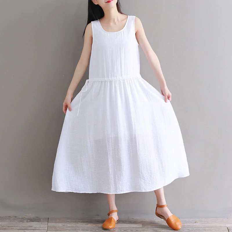 Crazy Price Slashing Fine white pure cotton linen dress oversize casual dress boutique Sleeveless O neck drawstring cotton linen dress Sophisticated Cut