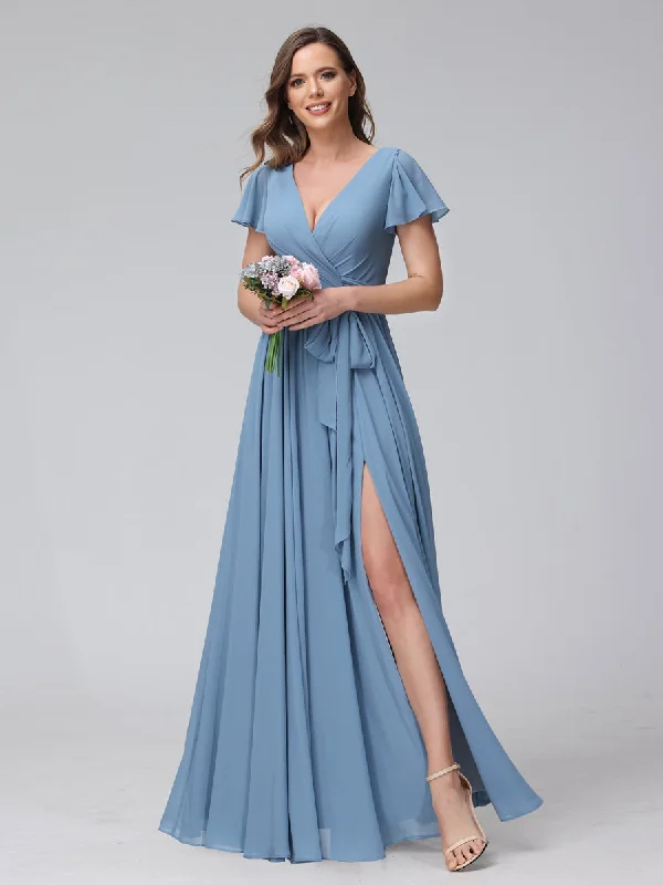 Laid-Back Fashion Offers A-Line V-Neck Short Sleeves Long Chiffon Bridesmaid Dresses With Split Side Big Savings on Minimalist Office Styles