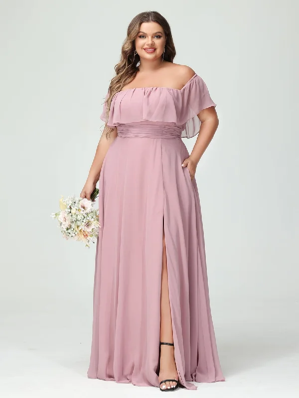 Effortless Style, Endless Impact A-Line/Princess Off-the-Shoulder Short Sleeves Chiffon Split Side Plus Size Bridesmaid Dresses with Pockets Elevated Style