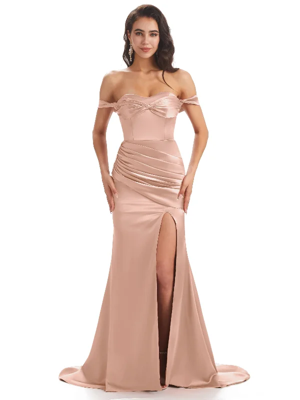 Hot Styles Sexy Side Slit Unique Off The Shoulder Mermaid Satin Long Formal Gown Wedding Guest Dresses Bold Patterns