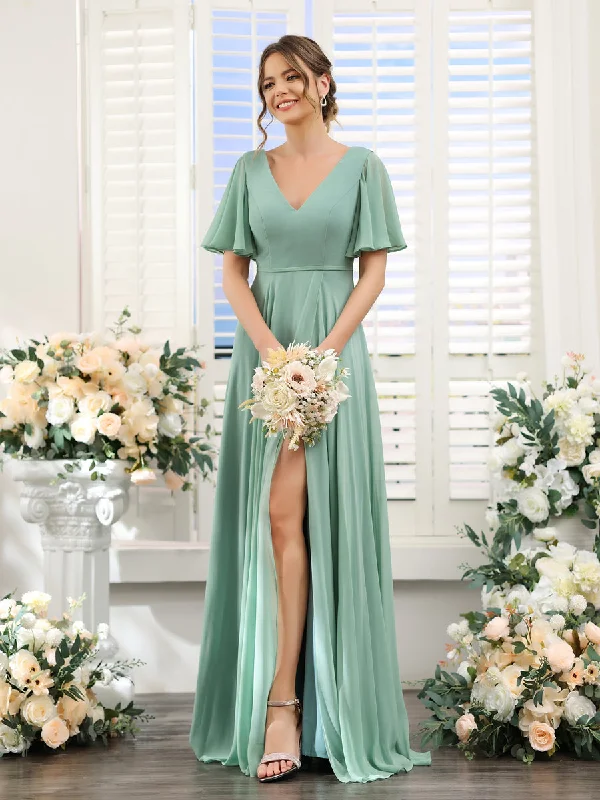 Polished Style Deals A-Line V-Neck Short Sleeves Split Side Ruffles Chiffon Bridesmaid Dresses Flash Sale