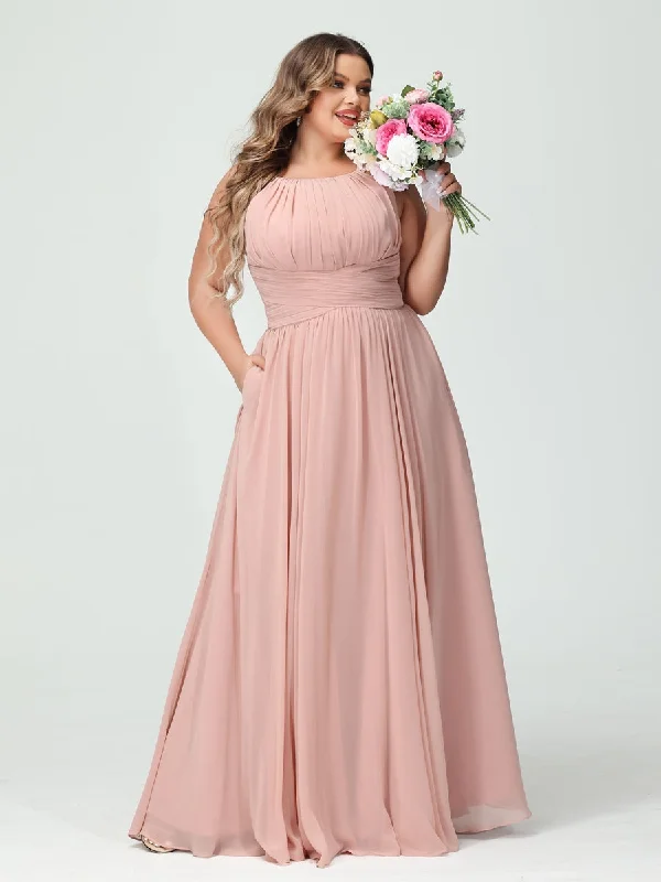 Low Price Special A-Line/Princess Spaghetti Straps Sleeveless Chiffon Ruched Plus Size Bridesmaid Dresses with Pockets Holiday Sale