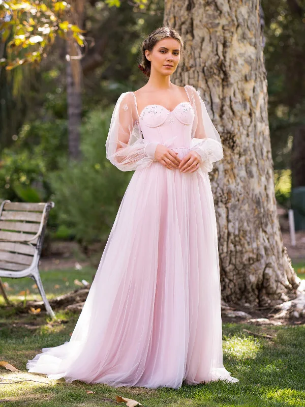 Valentine's Special Roycebridal Corset Puffy Sleeves Floor Length Tulle Prom Dress Update with Cottagecore Styles