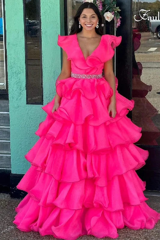 Luxury Fashion Discounts Roycebridal Zoey | Hot Pink V-Neck Ruffle Tiered Long Prom Dress with Beaded Waist Hollywood Glam Award - Show Style