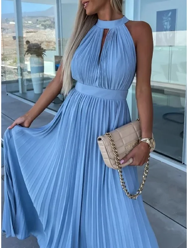 Luxury Fashion Women's Long Dress Maxi Dress Party Dress Casual Dress Summer Dress Pure Color Streetwear Casual Outdoor Holiday Going out Ruched Pleated Sleeveless Halter Neck Dress Slim Pink Blue Summer Spring Lightweight Fabric