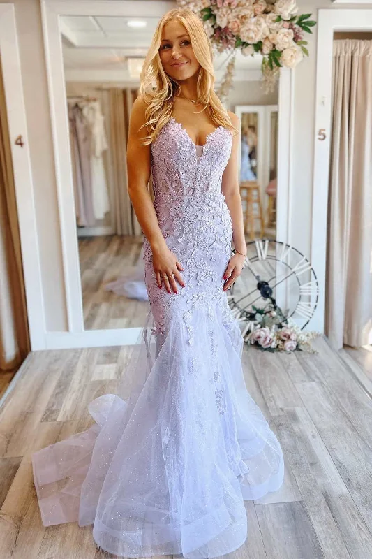 You'Ll Love Us Because Roycebridal Leighton |Mermaid V neck Lace Glitter Tulle Prom Dress Alluring Design