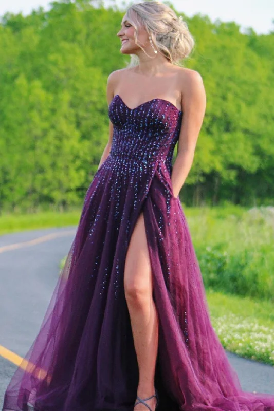 Elegant Style Roycebridal Alyssa |Sweetheart A-line Plum Tulle Prom Dress with Slit Minimalist Chic