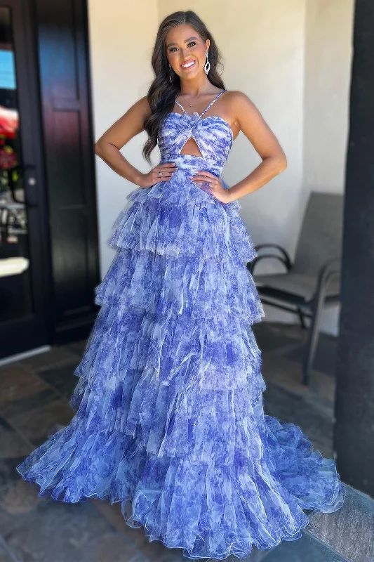 Shop The Hottest Deals Roycebridal Emmeline| Blue Print Halter Keyhole Ruffle Tiered Long Prom Dress Winter Warm - Up Sale