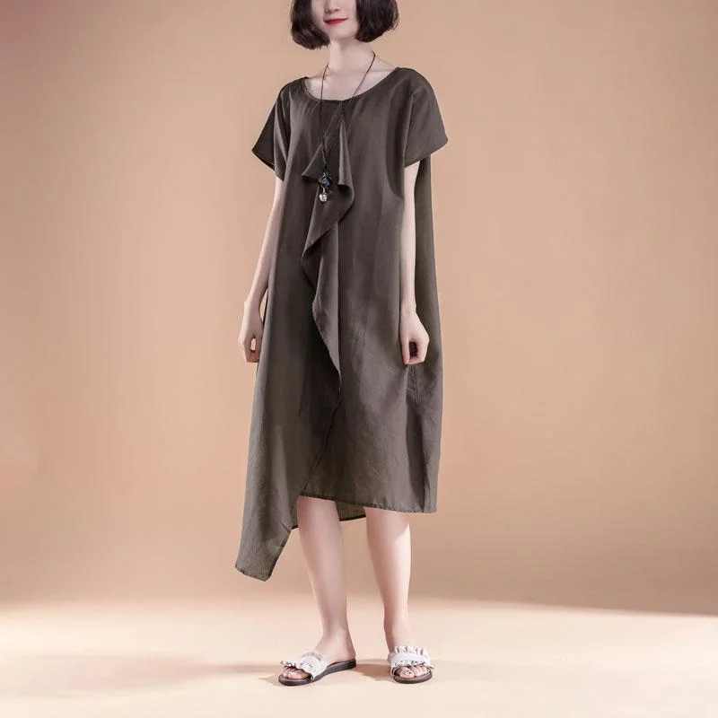 Absurdly Cheap Sale Fine linen cotton dress plus size clothing Short Sleeve High-low Hem Summer Casual Dress Feminine Grace