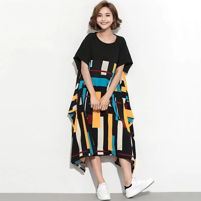 Huge Discounts This Week Brand Oversized Plus Size Women Striped Patchwork Casual Dresses Classic Charm