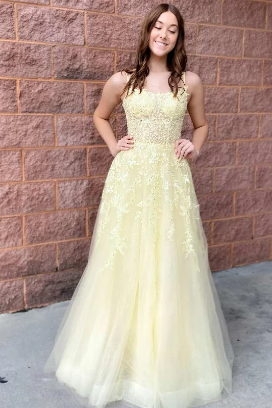 Stylish Savings Roycebridal Laylah |A-Line Yellow Tulle Applique Lace-Up Prom Dress Lightweight Fabric