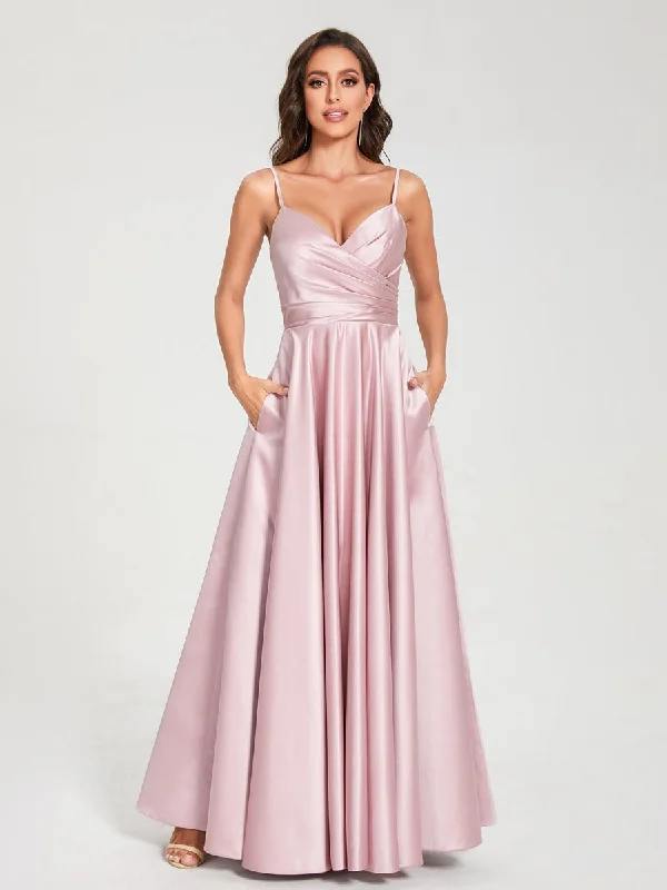 Fashion Forward A-Line/Princess Satin V-Neck Sleeveless Floor-Length With Pockets Bridesmaid Dresses Modern Romance