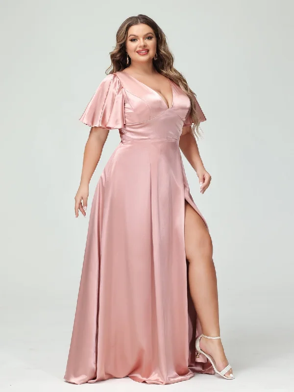 Ride The Style Wave A-Line V-Neck Half Sleeves Silk Satin Plus Size Bridesmaid Dresses with Pockets Vibrant Prints