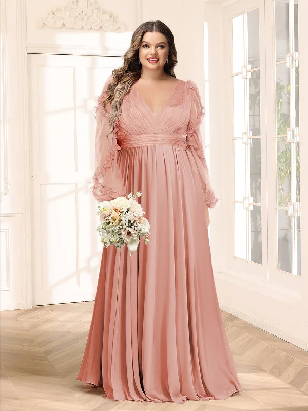 Sale Event, Prices Rock A-Line/Princess V-Neck Long Sleeves Chiffon Empire Plus Size Bridesmaid Dresses Tropical Island - Inspired Attire